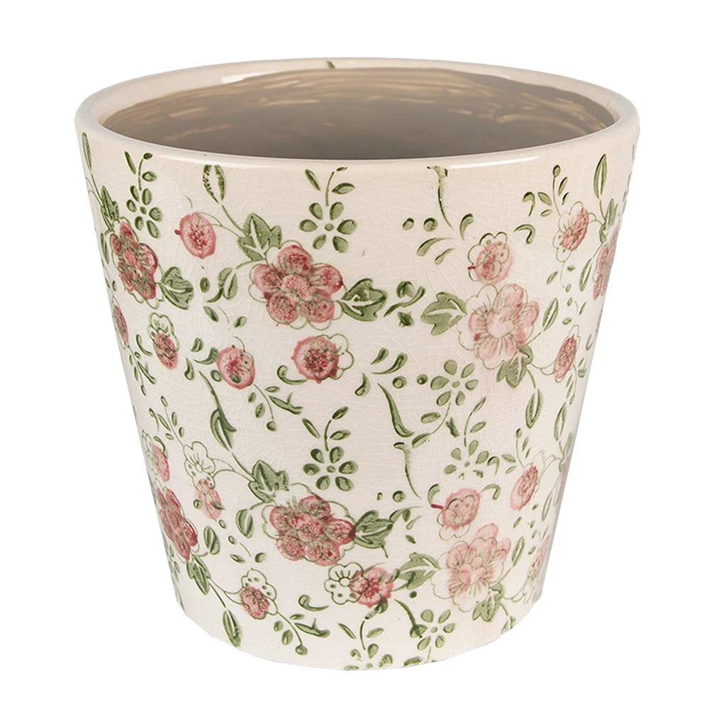 Flowerpot Ø 12x10 cm Pink Beige Ceramic Flowers Flowerpot Indoor by Clayre & Eef.