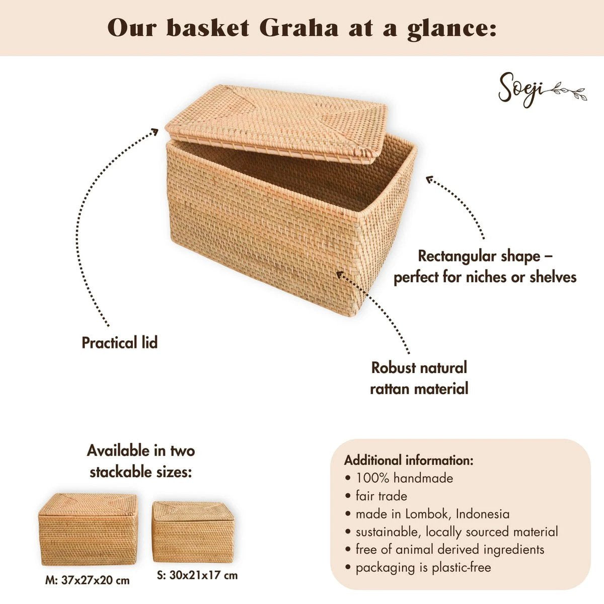 Storage Basket with Lid – Shelf Basket made from Beige Rattan – Handwoven Decorative Basket GRAHA (2 sizes) by Soeji