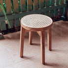 Wooden Stool CARAMIN made of Trembesi with a Seating Surface from Woven Rattan by Soeji