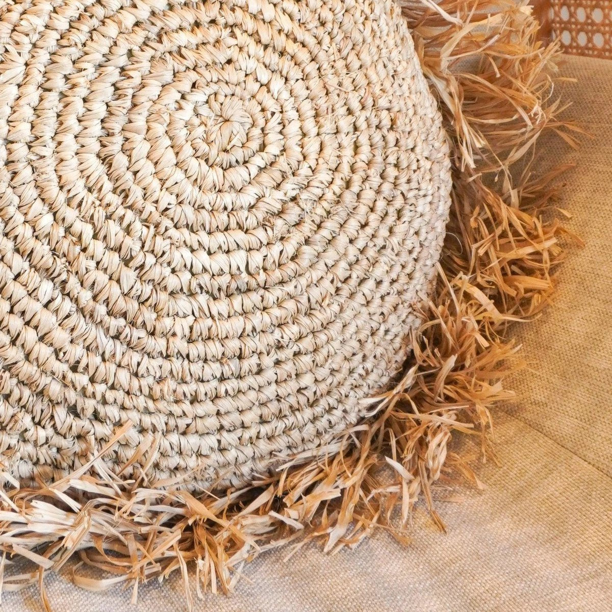 Round Boho Cushion with Fringes Decorative Cushion Ø40/50 cm Throw Pillow made from Raffia Sofa Cushion with Filling TARAKAN beige by Soeji