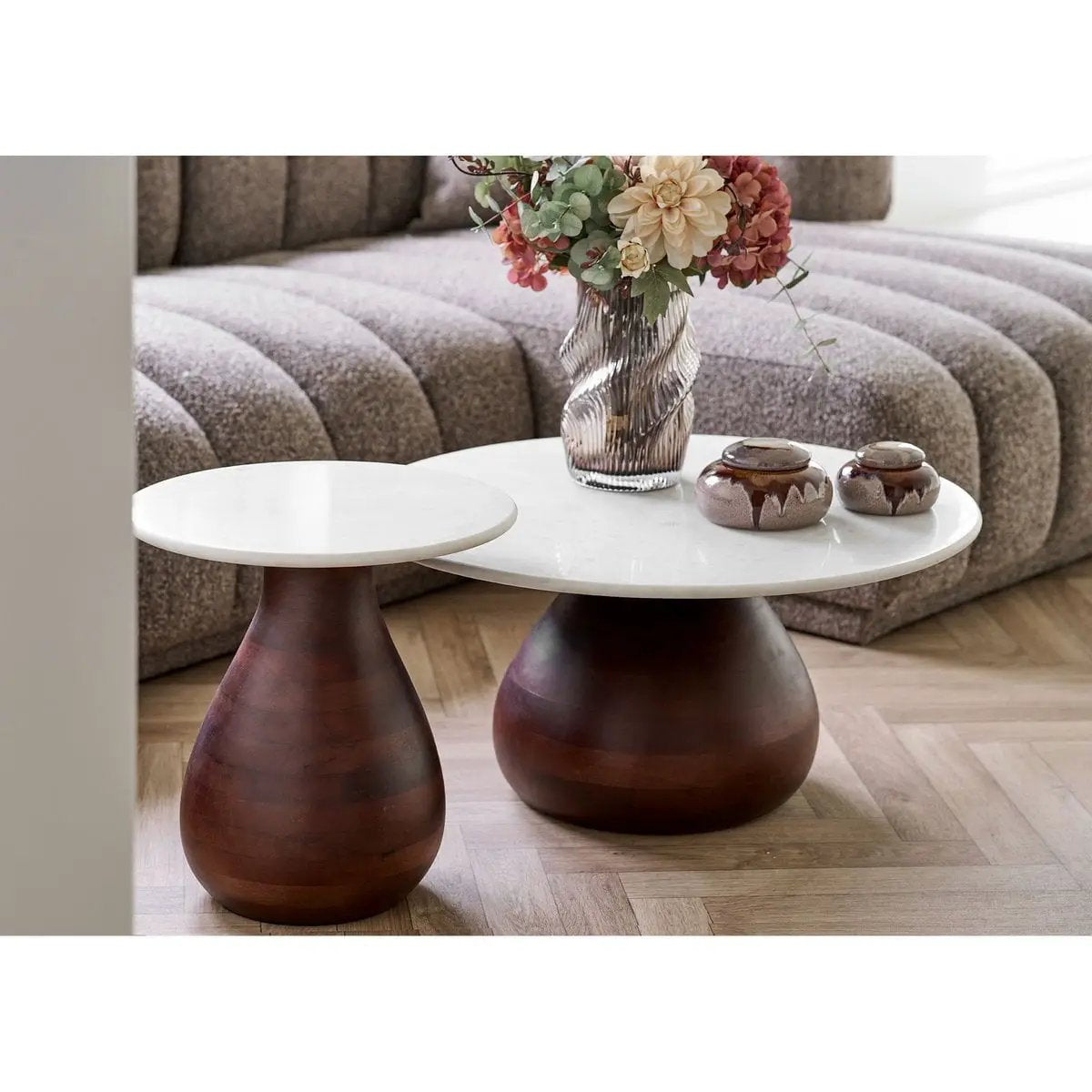 Heide Side table, mango wood/marble, dark brown/white, ø40x41 cm by EMIRELLE