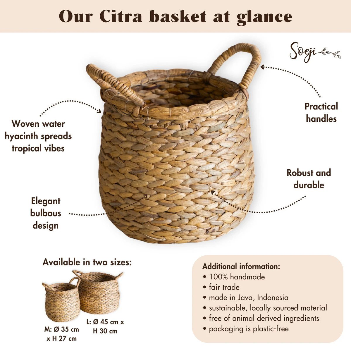 Round Woven Laundry Basket – Bulbous Boho Hamper – Natural Plant Basket – Large Water Hyacinth Storage Basket (2 sizes) CITRA by Soeji