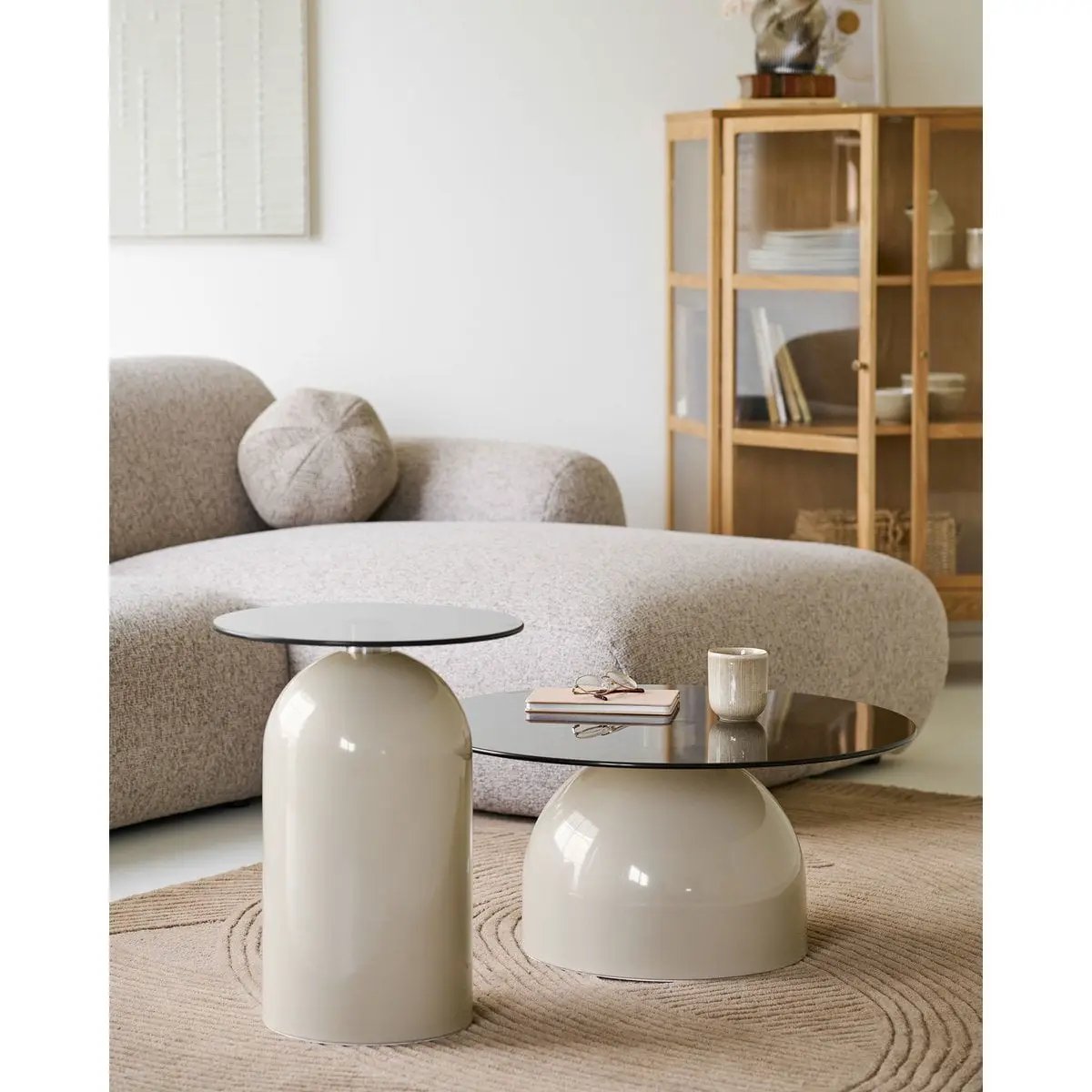 Ravello Side table, tempered glass/metal, grey/beige, ø40x52 cm by EMIRELLE