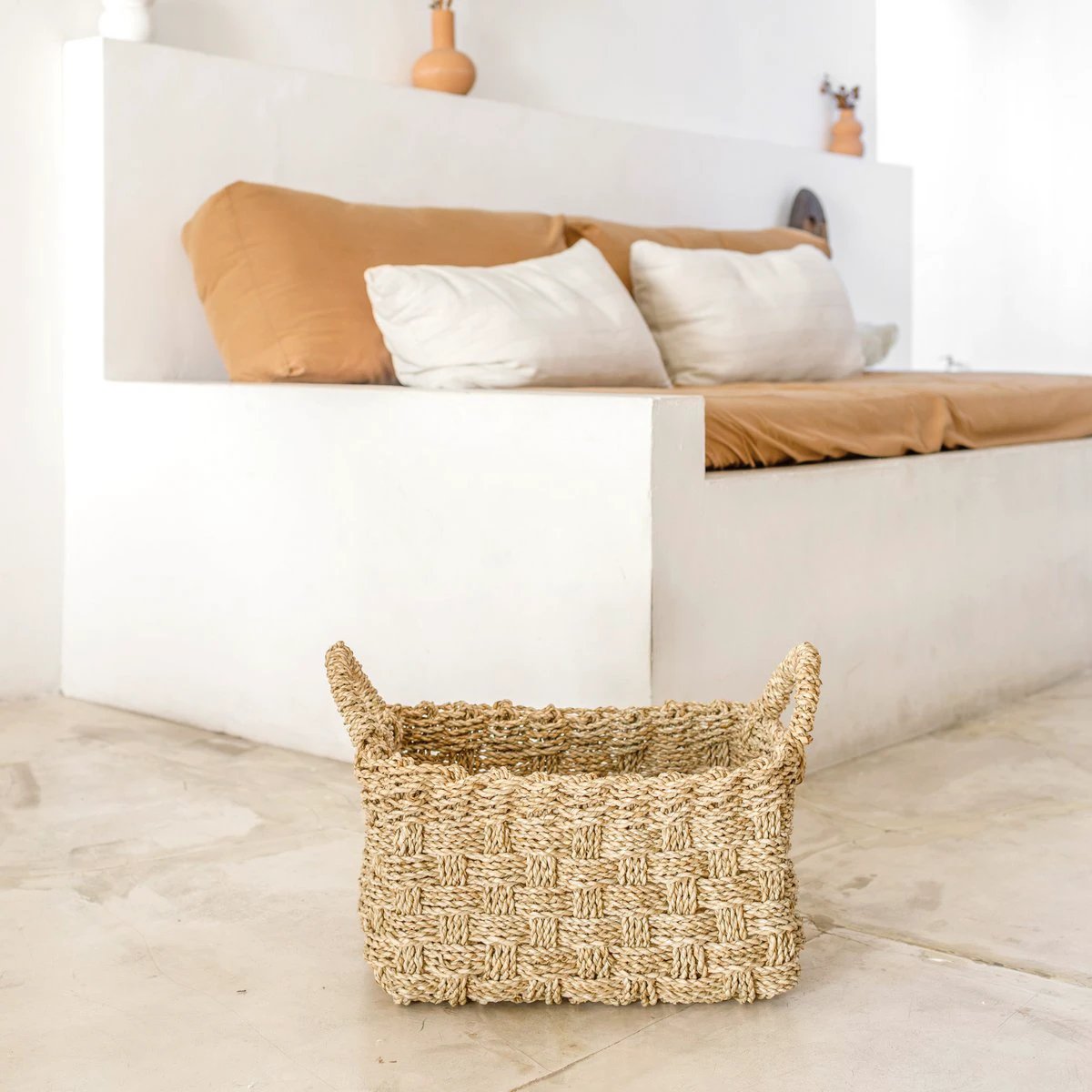 Basket Woven from Seagrass BATIK (3 sizes) Rectangular Storage Basket for Shelves or for Laundry by Soeji
